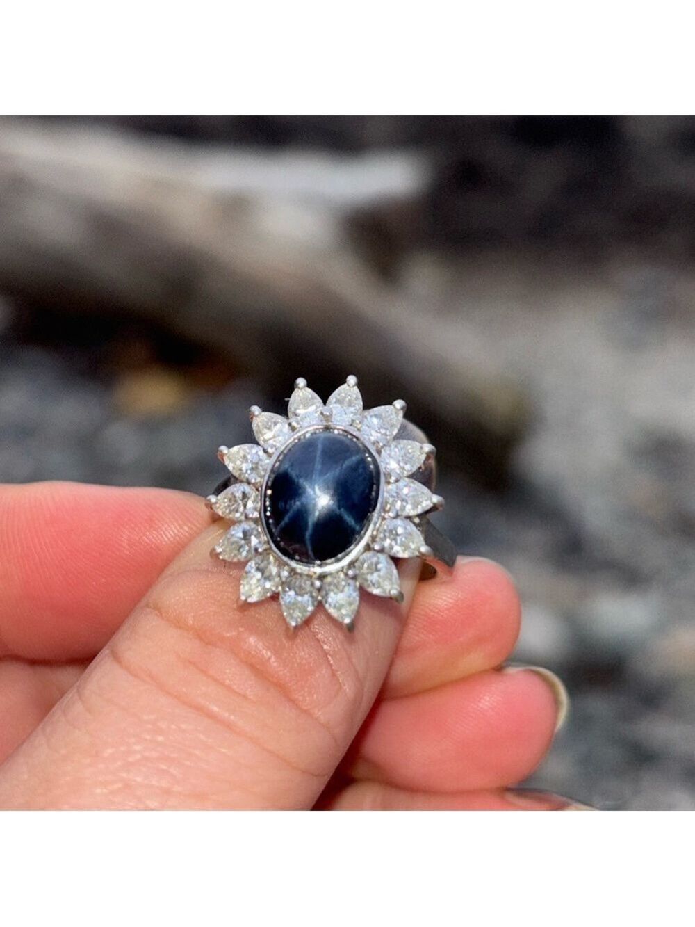 Genuine Blue Star Sapphire Halo Ring Moissanite Stones 925 Sterling Silver 9